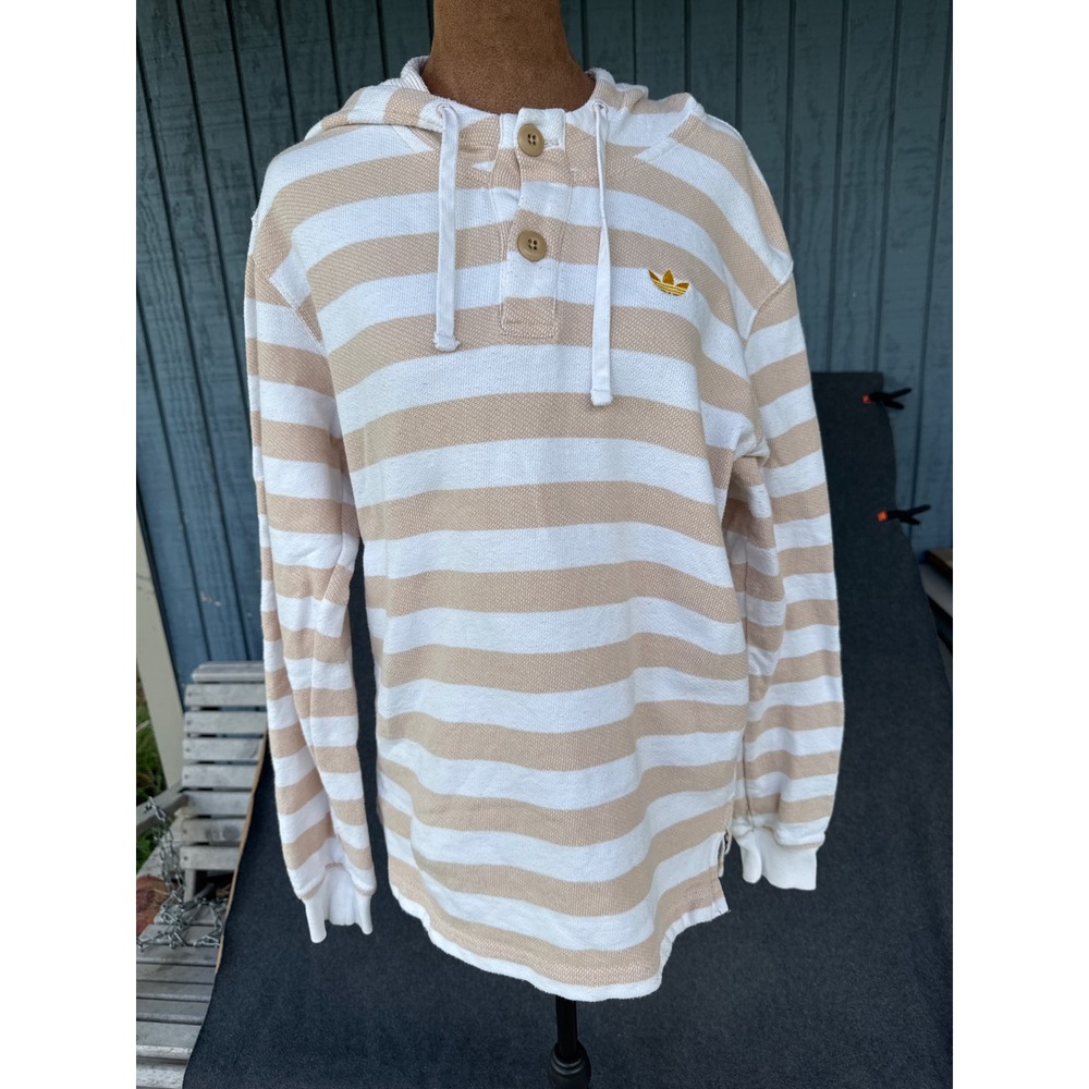 Adidas Originals Mens Beige White Striped Henley Hoodie Trefoil Logo Size M